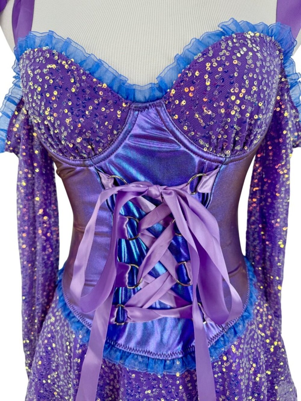 NWT Dolls Kill Purple Fairy Sequin Corset Mini Dress Wings Garters Costume Rave - Picture 4 of 16